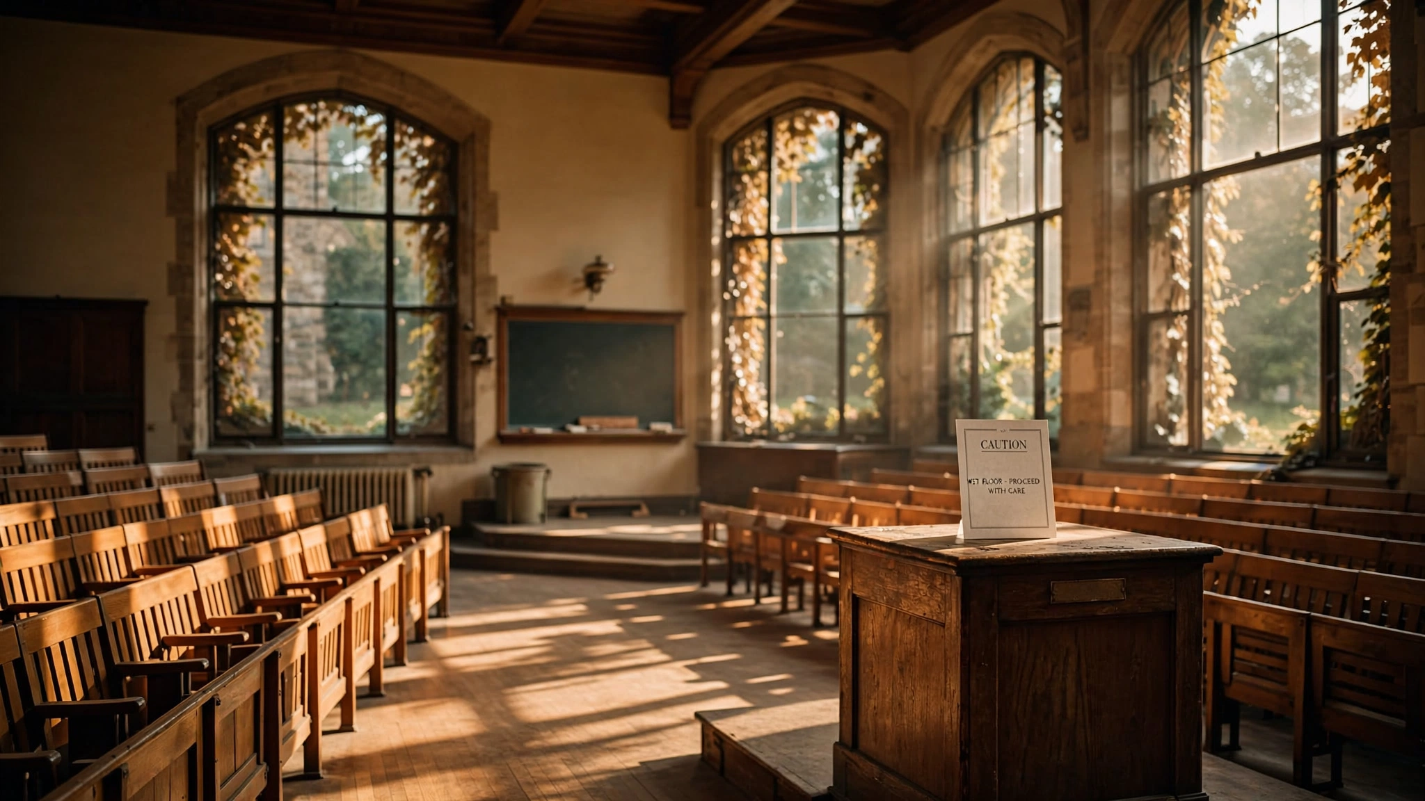 An empty university lecture hall with warm afternoon light streaming through tall windows, a single cautionary sign on a wooden podium