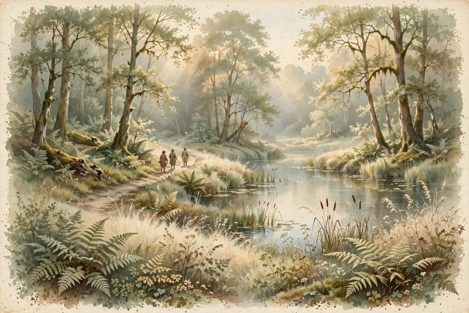 Vintage nature-magazine watercolor of three figures walking a woodland path beside a pond, ferns and tall trees in soft morning light, earthy greens and warm creams, editorial illustration, no text