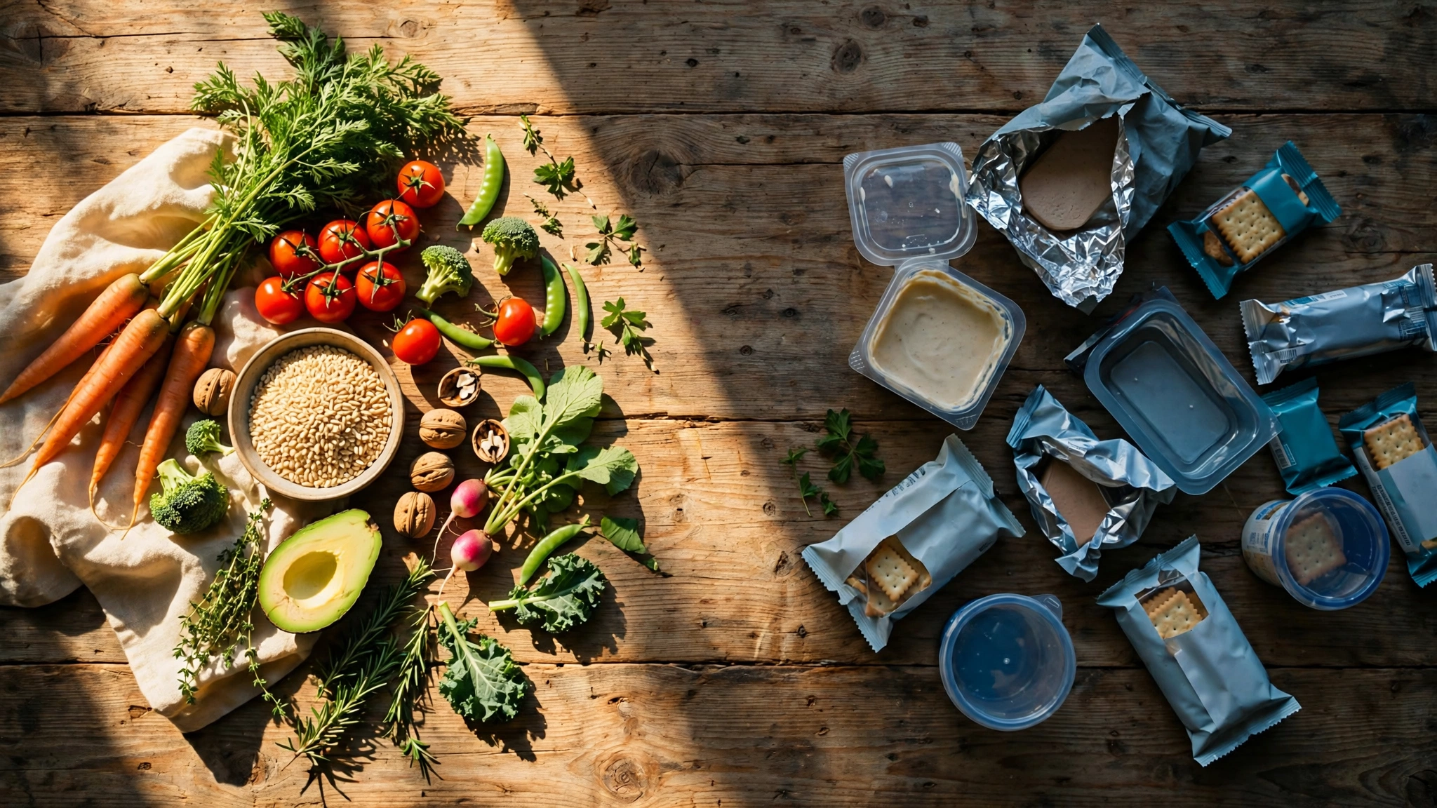 A kitchen counter split in two: one side with fresh whole vegetables and grains in warm natural light, the other with brightly packaged processed foods under cooler fluorescent tones