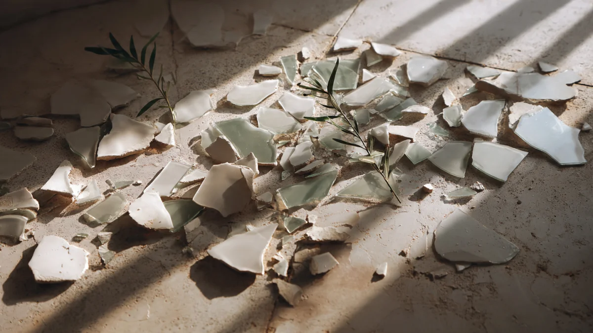 Shattered ceramic pieces scattered on a concrete floor in soft diffused light