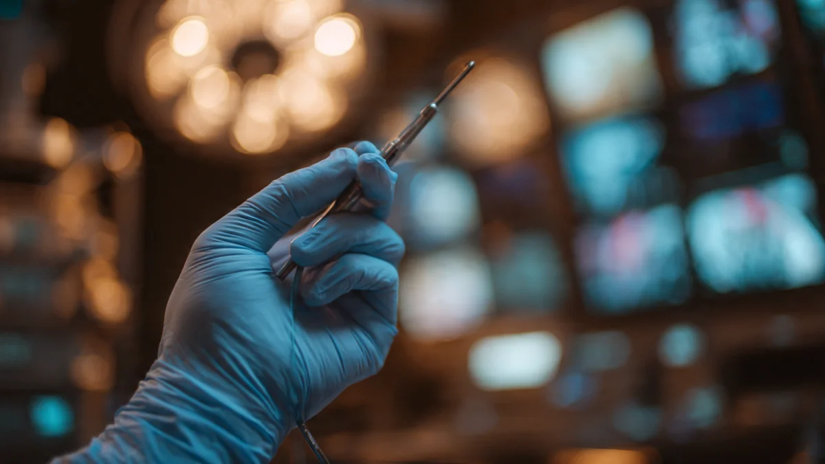 Close-up of gloved hands holding delicate laparoscopic instruments against a softly lit background of monitors displaying surgical imagery