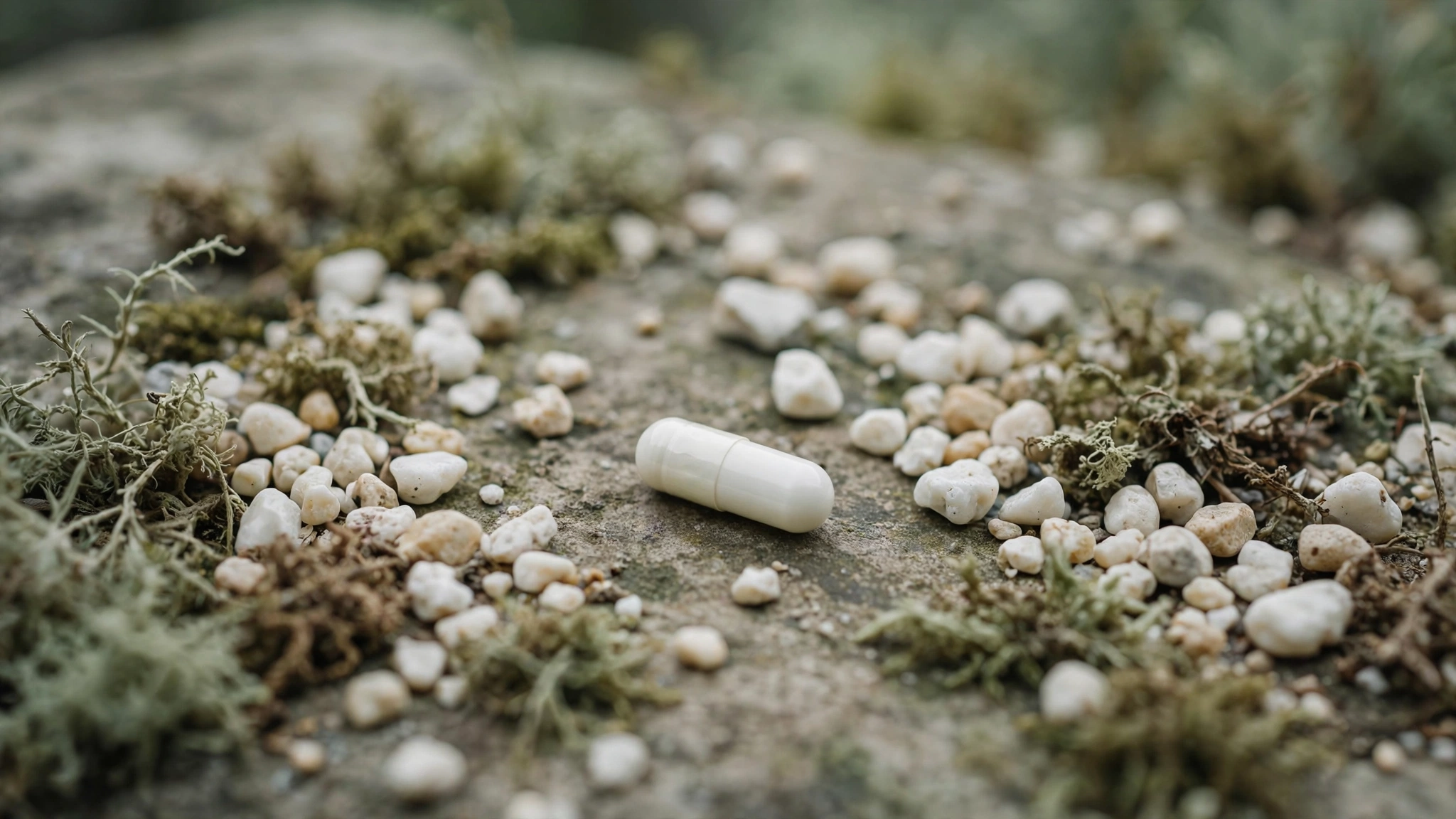 A single vitamin D capsule resting on weathered stone, surrounded by bone-white pebbles and dried moss under soft overcast light
