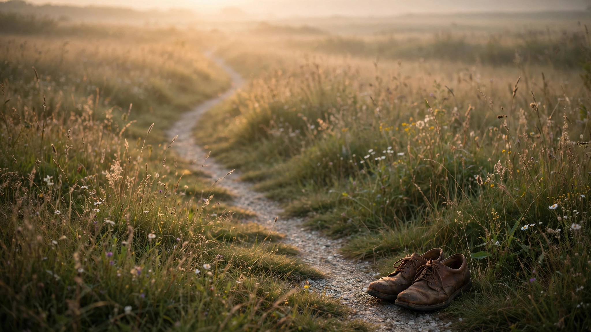 A gravel footpath winding through tall wild grass toward a hazy horizon in warm early morning golden light