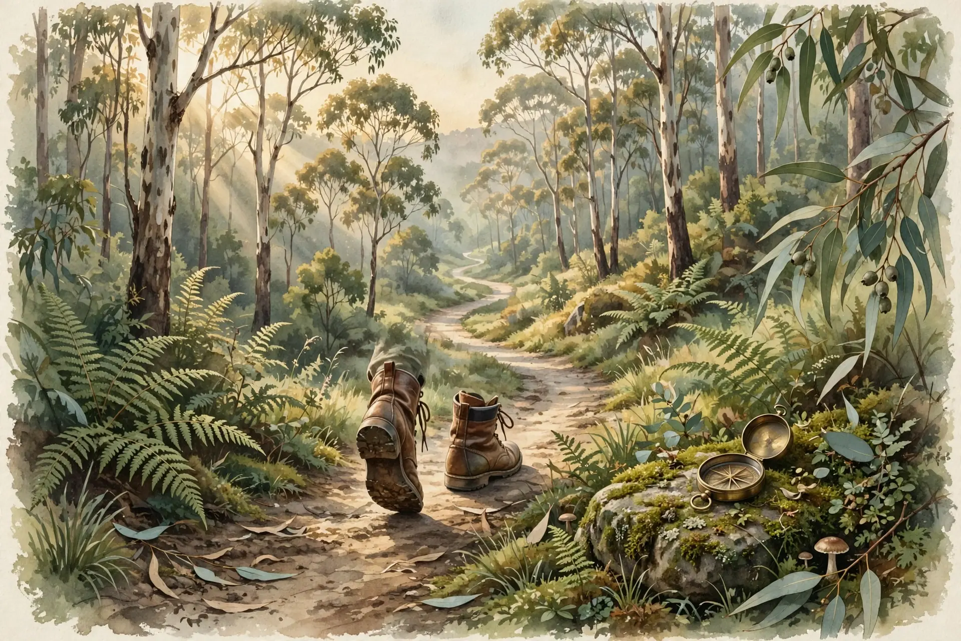 Vintage nature-magazine watercolor of a winding forest path at dawn, a lone pair of walking boots mid-stride among ferns and eucalyptus, a vintage brass compass resting on a mossy stone, soft light filtering through tall trees, earthy greens and warm creams, editorial illustration, no text