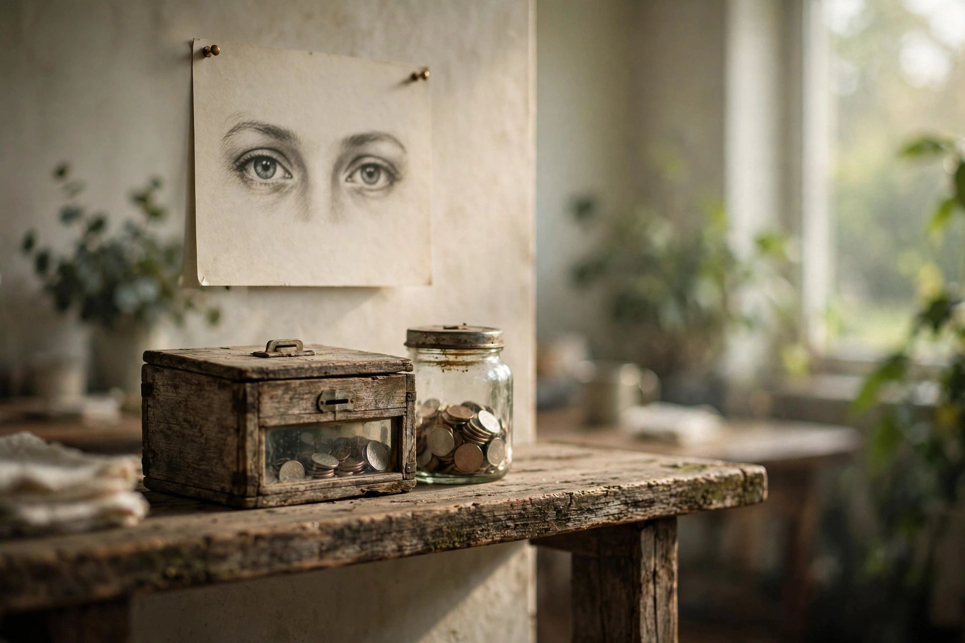 A weathered honesty box collection jar on a rustic wooden shelf in a university coffee room with soft morning light, earthy greens and warm cream tones, with a subtle poster above