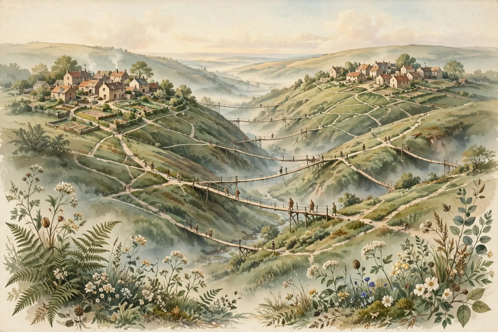 Vintage nature-magazine watercolor of two hillside villages joined by many narrow footbridges across a misty valley, small figures crossing between them, earthy greens and warm creams, editorial illustration, no text