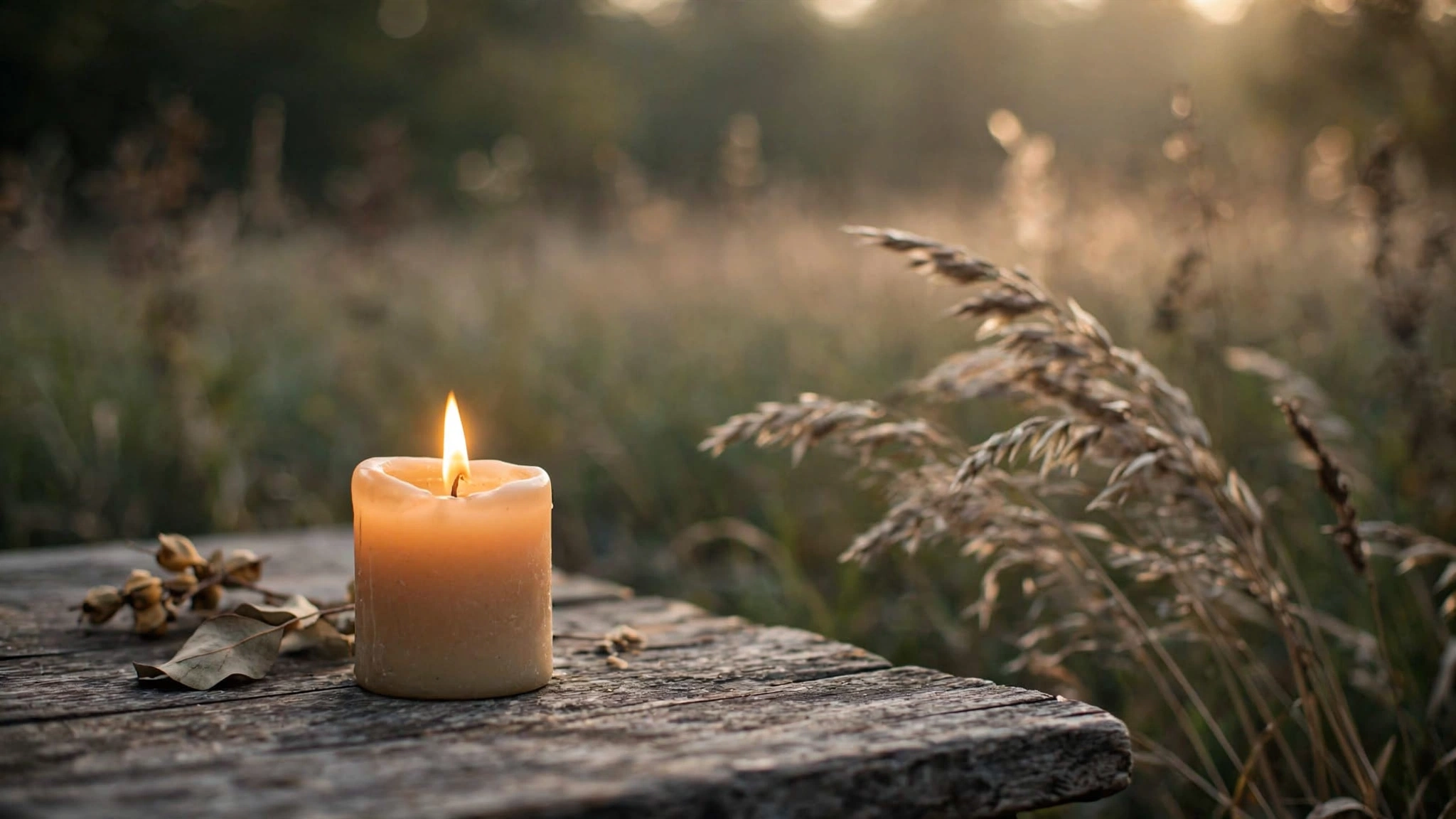 A single candle burning steadily on a weathered wooden table surrounded by dried grasses in warm golden light