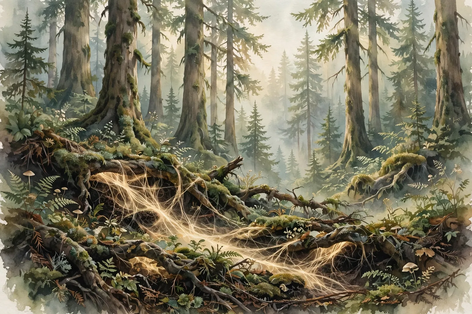 Watercolor illustration of an ancient forest interior, towering fir trunks fading into mist, delicate glowing fungal threads visible in dark soil between roots, deep earthy greens and warm cream tones, soft botanical light, no text