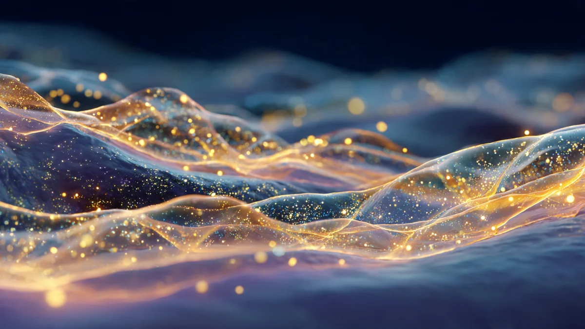 Microscopic view of glowing fibroblast cells migrating across tissue, illuminated by warm golden light against a dark background