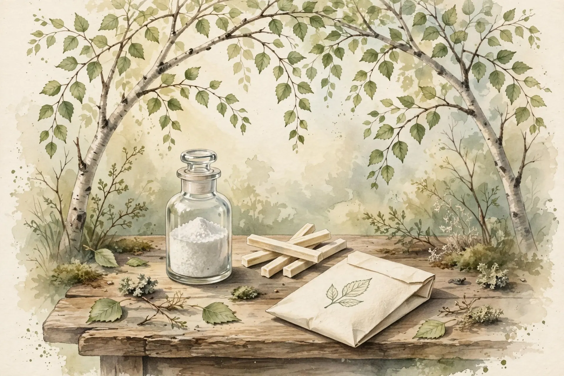 Vintage nature-magazine watercolor of birch branches arching over a weathered wooden table with a glass apothecary jar of white crystalline powder, sticks of sugar-free gum, and a paper packet with a leaf motif, earthy greens and warm creams, editorial illustration, no text
